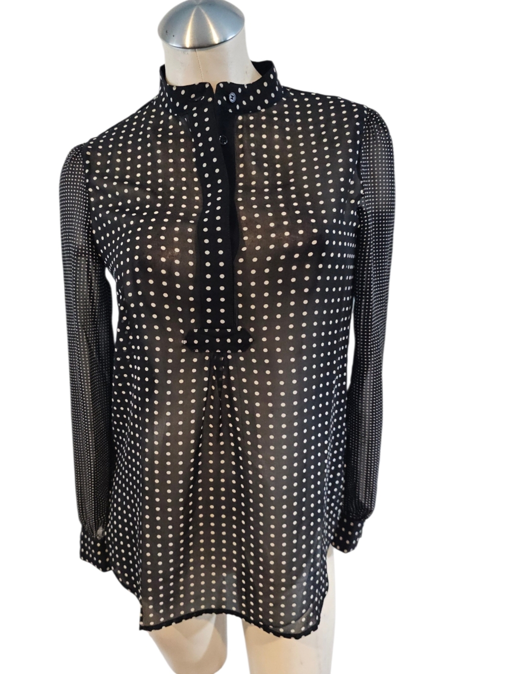 Anne Klein Size 0 Semi Sheer Blouse Black Off White Polka Dots - Picture 6 of 7